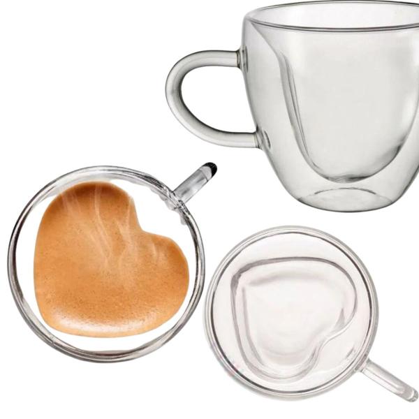 Imagem de Copo Xicara Coração Parede Dupla Café Chá Espresso Kit 2un