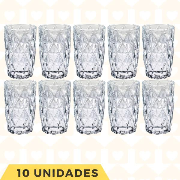 Imagem de Copos De Vidro 370ML Grosso Modelo Diamante P/ Agua Suco 10 UN