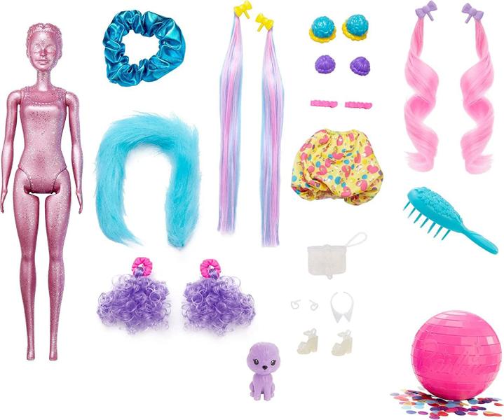 Imagem de Cor da Barbie revelar glitter! Hair Swaps Doll, Glittery Pink com 25 penteados e surpresas temáticas de festa, incluindo 10 peças de cabelo plug-in, presente para crianças de 3 anos de idade e up