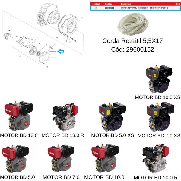 Imagem de Corda De Partida Do Retrátil Para Motor BD 7.0/XS Branco