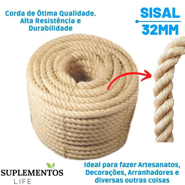 Imagem de Corda De Sisal 32mm 10 Metros Reforçada Naval Decoração 