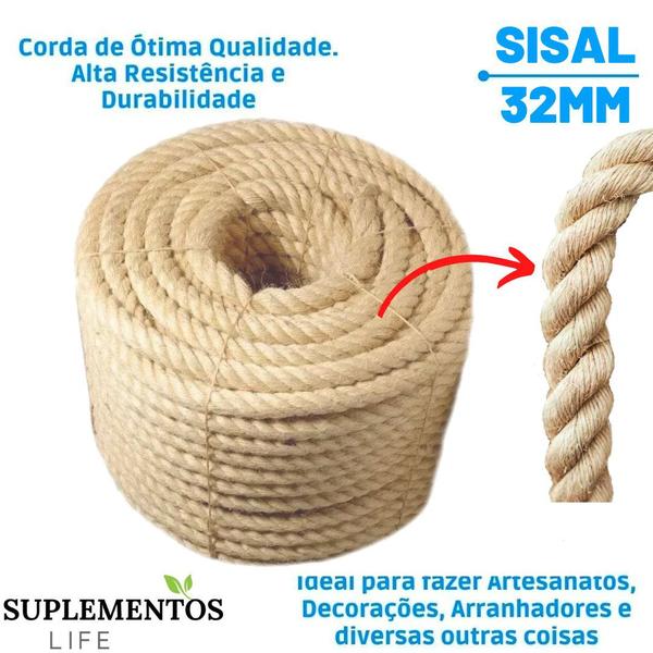 Imagem de Corda De Sisal Natural 32mm 3 Metros Reforçada Naval Artesanato Decoração Rústico