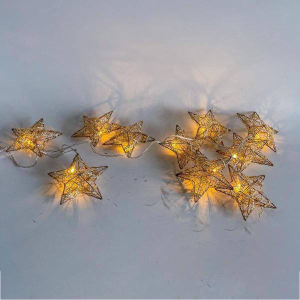 Imagem de Cordão 10 Estrelas Aramado Dourado Luxo Lâmpadas LED 1,3 metros à Pilha - Magizi
