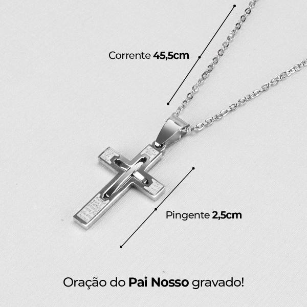 Imagem de Cordao crucifixo + relogio aço inoxidavel preto + caixa