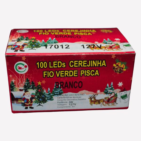 Imagem de Cordão de Natal 100 Leds Cerejinha - Chibrali - BRANCO C/ FIO VERDE