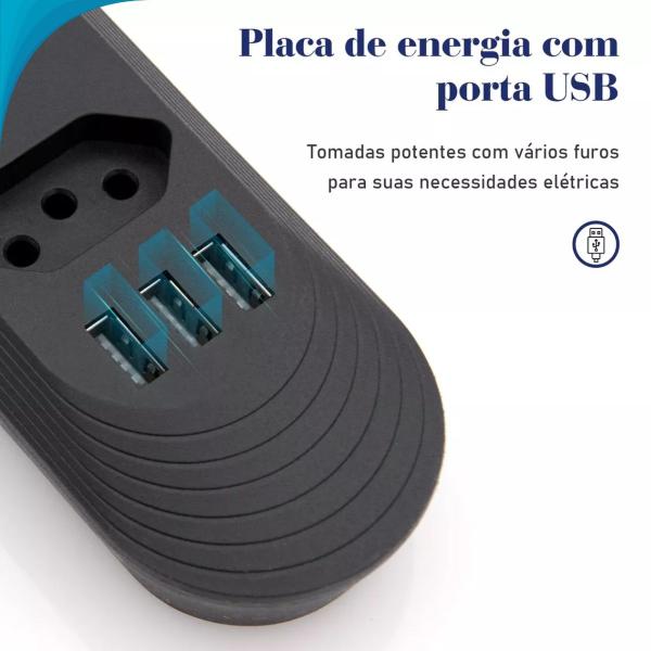 Imagem de Cordão Elétrico 3 Tomadas com USB Bivolt Espacadas Para Computador Entrega Rápida