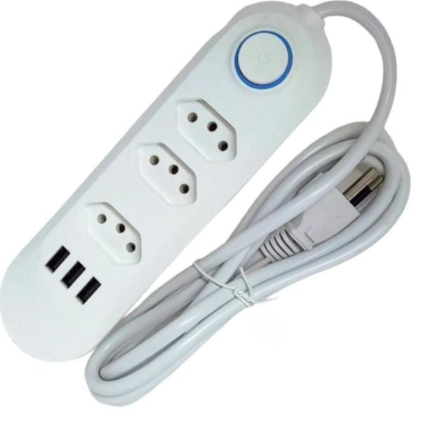 Imagem de Cordão Elétrico 3 Tomadas com USB Bivolt Espacadas Para Computador Entrega Rápida