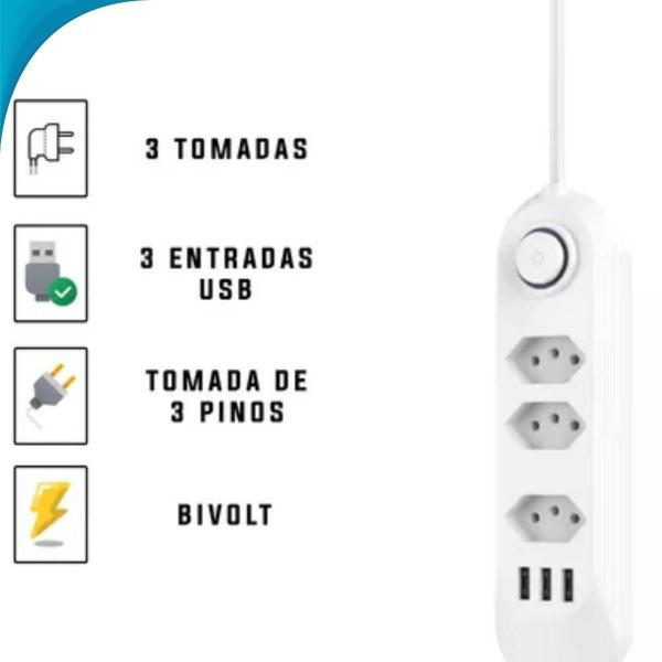 Imagem de Cordão Elétrico 3 Tomadas Com Usb Metálico Televisão Oficial