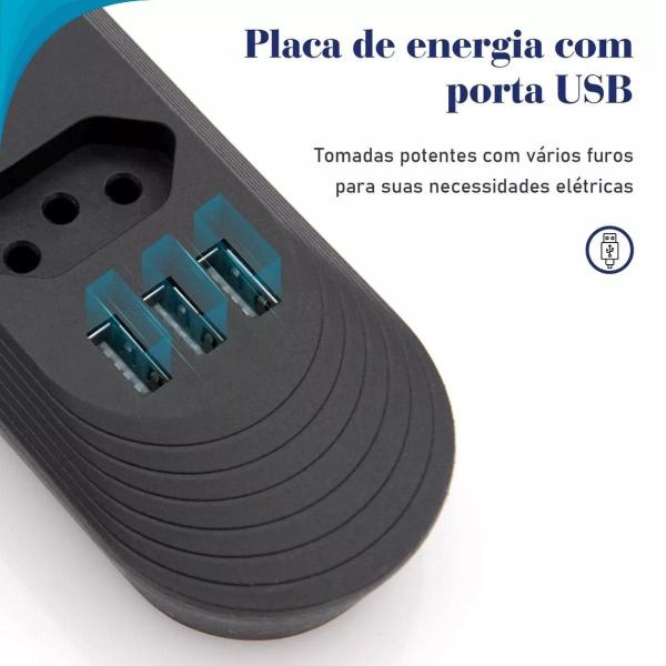 Imagem de Cordão Elétrico 3 Tomadas Usb Bivolt Espacadas Pronto Uso