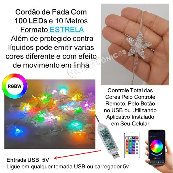 Imagem de Cordão LED 10m Estrelas USB RGBW Coloridas 100 Luzes Com Controle e APP  TB1875