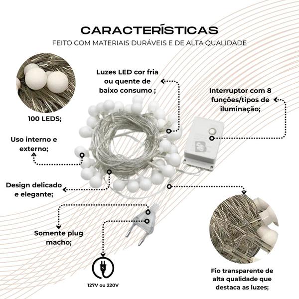 Imagem de Cordão Led Fio Luz Varal 8 Funções c/ 100 Bolinhas LED 8 Metros Decoração Árvore Natal Baixo Consumo