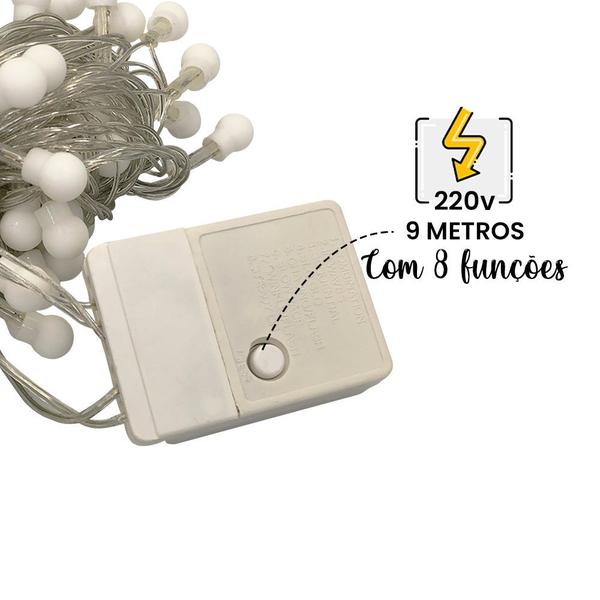 Imagem de Cordão Led Fio Luz Varal 8 Funções com 100 Bolinhas Branco Quente 220v