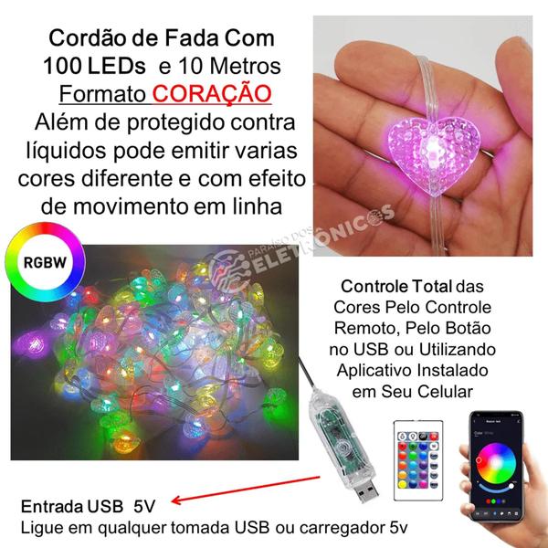 Imagem de Cordão Pingente Coração Tira Varal Pisca Pisca 100 Luzes Leds Coloridos TB1874