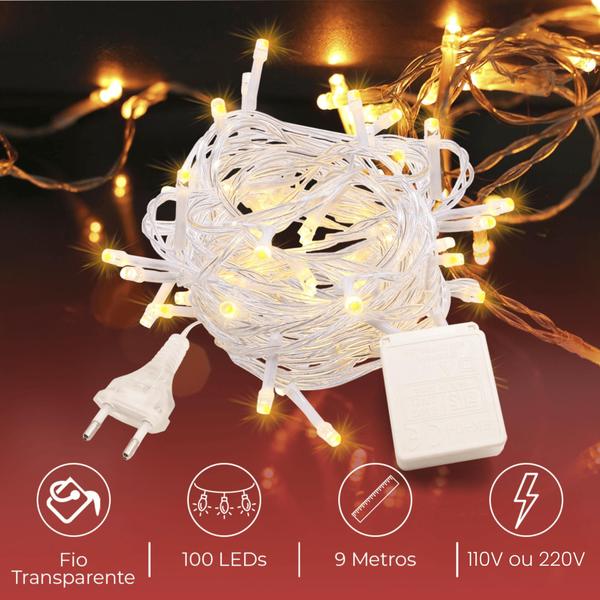 Imagem de Cordão Pisca Pisca De Led Para Decoração Natalina 9m 100leds 110v Quente