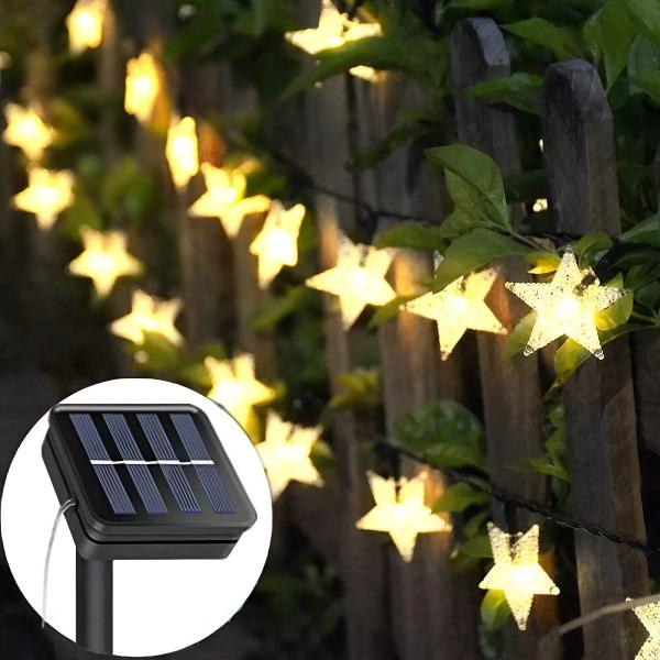 Imagem de Cordão Solar LEDs Lâmpadas Luzes Estrelas Amarela Natal 5m