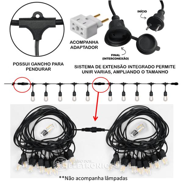 Imagem de Cordão Varal Luzes Porta-lâmpadas 15 Metros 15 Soquetes Decora E Ilumina 61179