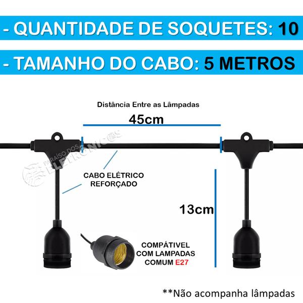 Imagem de Cordão Varal Luzes Porta-lâmpadas 5 Metros 10 Soquetes Decora E Ilumina 61009