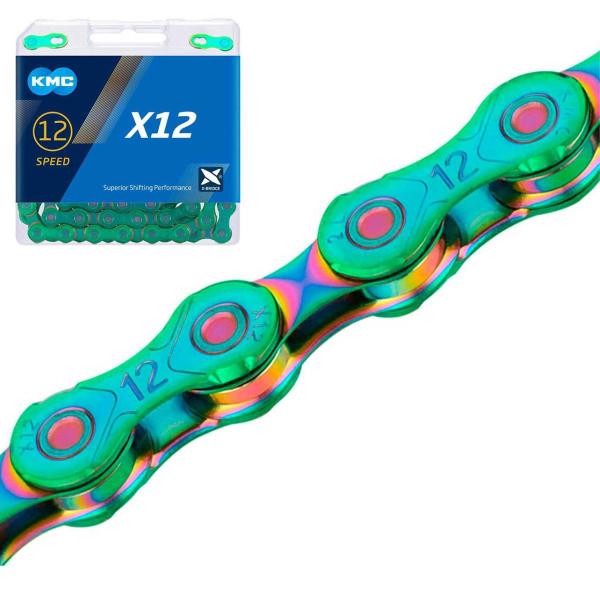 Corrente Ciclismo KMC X12 12V 126 Elos Verde Aurora Imagem de Corrente Ciclismo KMC X12 12V 126 Elos Verde Aurora