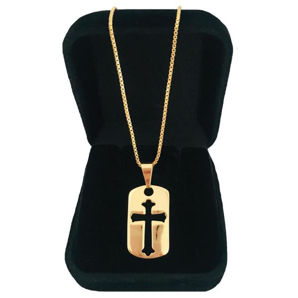 Imagem de Corrente Cordão Veneziana 60 cm Masculina Pingente Placa Cruz Crucifixo Banhado a Ouro 18k