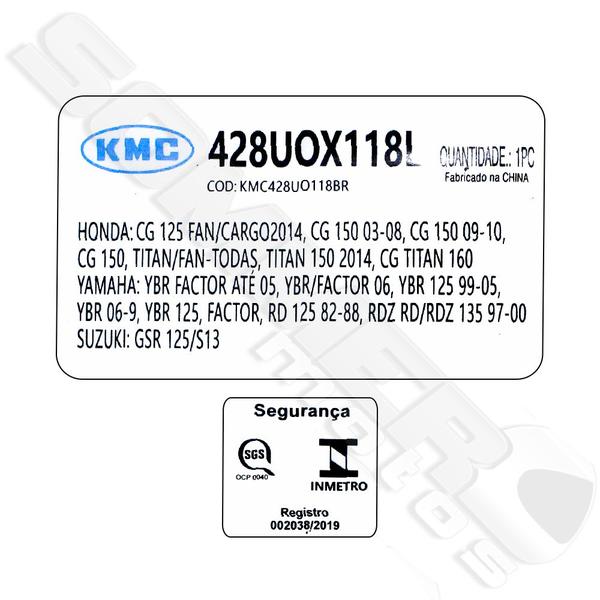 Imagem de Corrente Transmissão Titan-Fan-Start-Cargo 125-150-160/ Biz 125/Rd-Rdz-Rx 125/Ybr-Factor 125 Com Retentor 428X118 Kmc