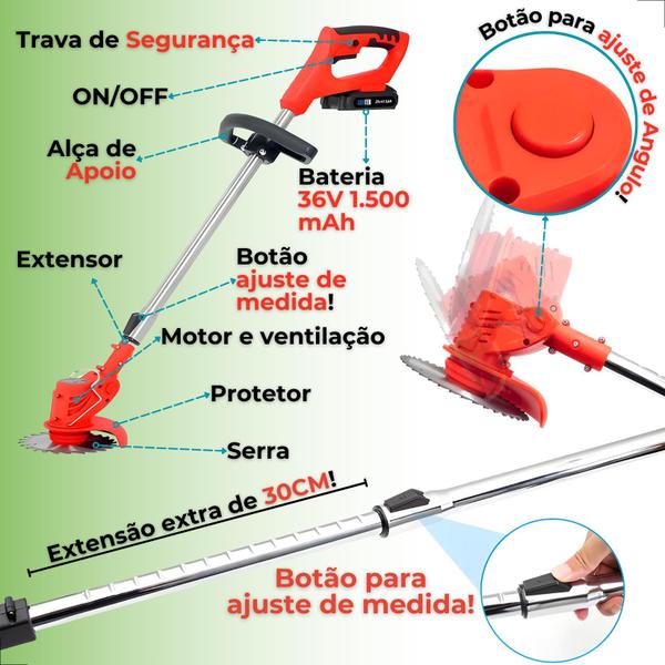 Imagem de Cortador Aparador de Grama Roçadeira a Bateria 36v Sem Fio Portátil Elétrica