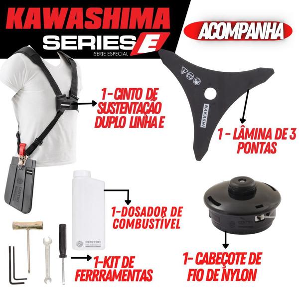 Imagem de Cortador de Grama Profissional Á Gasolina Kawashima KW43L KW43-LE KW43LE 2T 43cc 1,7HP Roçadeira Lateral Completa Com Lâmina 3 Pontas e Carretel Nylon + ÓLEO STIHL 2T