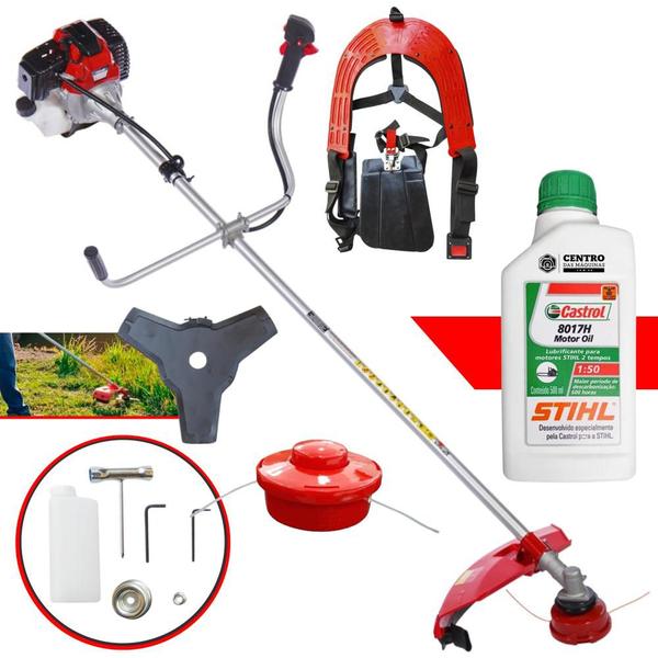 Imagem de Cortador de Grama Profissional Á Gasolina Toyama RT43L RT43-L 2T 43cc 1,7HP 10.000RPMA Roçadeira Lateral Completa Com Lâmina 3 Pontas e Carretel Nylon + ÓLEO STIHL 2T