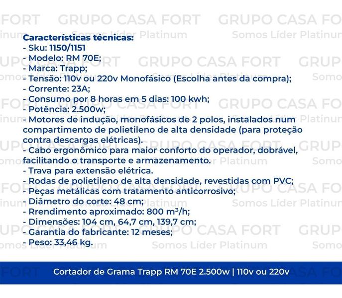 Imagem de Cortador Grama Trapp Elétrico Rm 70e 2500w 220V