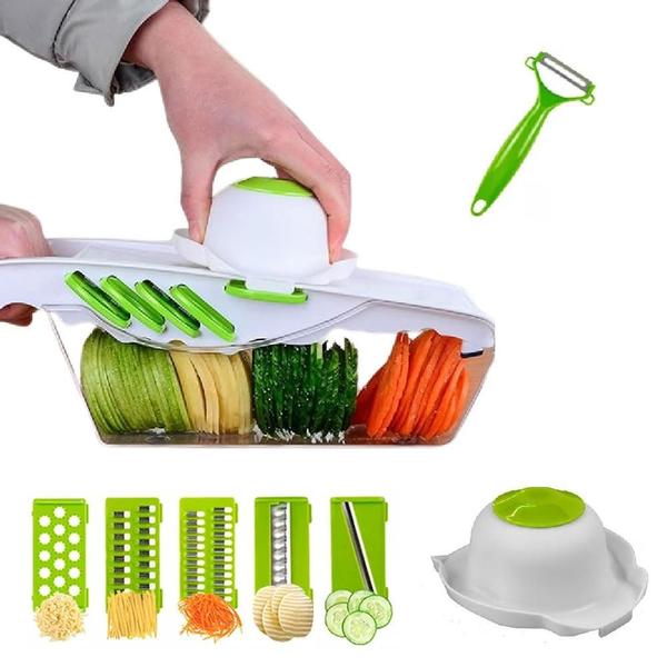 Imagem de Cortador multifuncional fatiador de frutas legumes verduras mandoline 6 em 1 com dispenser