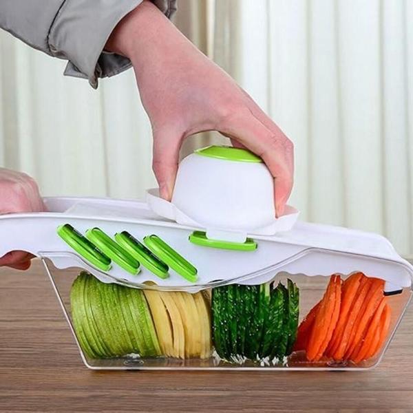 Imagem de Cortador multifuncional fatiador de frutas legumes verduras mandoline 6 em 1 com dispenser