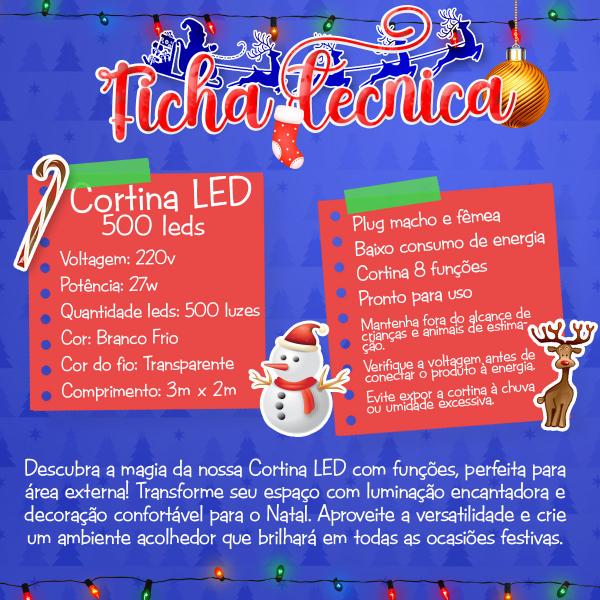 Imagem de Cortina 500 Led 3x2 8 Funções Pisca Pisca Branco Frio 220v 27w Decoração Merry Christmas Apartamento temporada Parede Macho e fêmea 