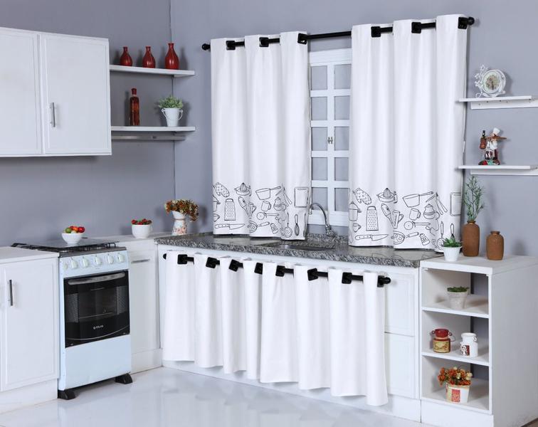 Imagem de Cortina De Cozinha E Pia PVC Impermeável Estampado Branco