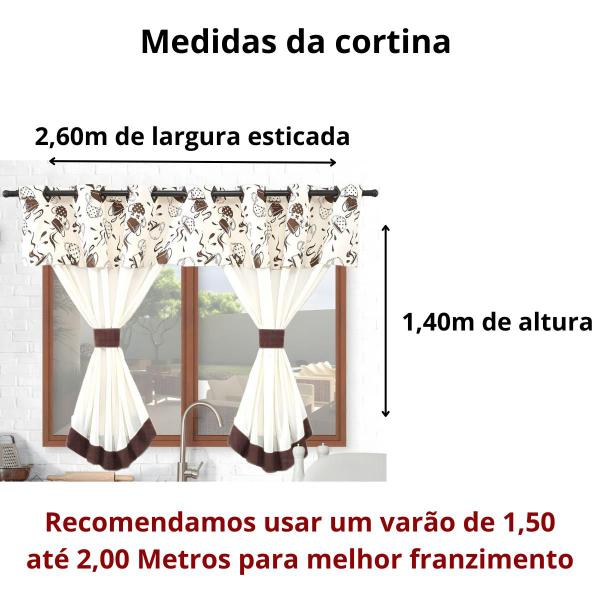 Imagem de Cortina De Cozinha Moderna Janela  2,60m X 1,40m Para Varão Simples Estampa Cafezinho Bege/Marrom