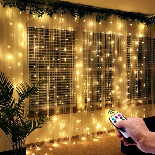 Imagem de Cortina De Fio De Fada 300 Leds 3x2m Amarela/Branca 8 Modos Com Controle Enfeites De Natal