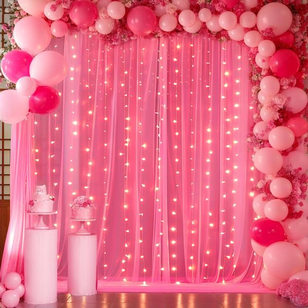 Imagem de Cortina de fundo Suppromo de tule rosa choque com luzes 3x2,4m