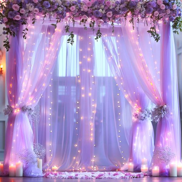 Imagem de Cortina de fundo Suppromo Lavender Sheer Tulle 15m x 3m com luzes