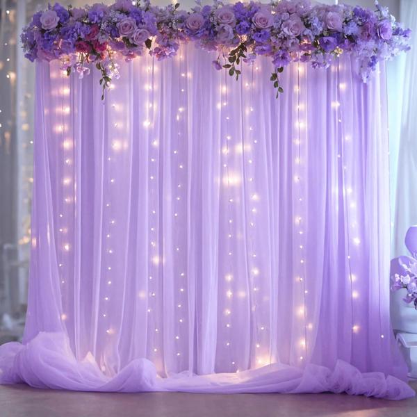 Imagem de Cortina de fundo Suppromo Lavender Tule com luzes 6x2,4m