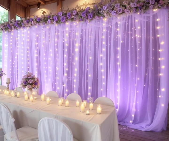 Imagem de Cortina de fundo Suppromo Lavender Tule com luzes 9x2,4m