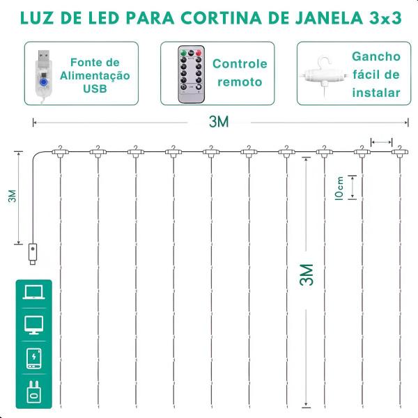 Imagem de Cortina De Led Decoração 3x3 Metros Natal Festa Pisca Branco Frio Evento Fio de Fada