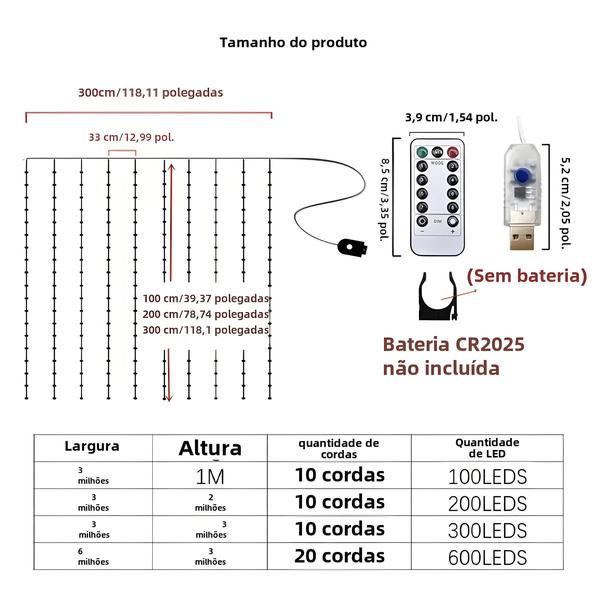 Imagem de Cortina de Luz LED USB com Controle Remoto - 8 Modos e Multicores - Ideal para Festas e Decoração