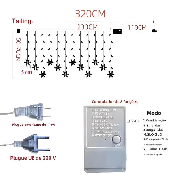 Imagem de Cortina de Luzes de LED Natal 2024 - Flocos de Neve - 8 Modos Pisca-Pisca
