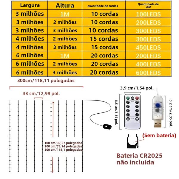 Imagem de Cortina De Luzes LED Quentes 3x3/2/1m Controle Remoto Para Quarto, Feriado, Casamento, Decoração De