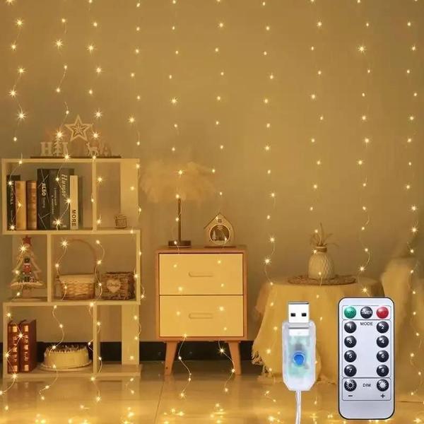 Imagem de Cortina de Luzes LED USB - 3x3m, 3x2m e 3x1m - Ideal para Quarto, Natal, Casamento e Decoração de Casa