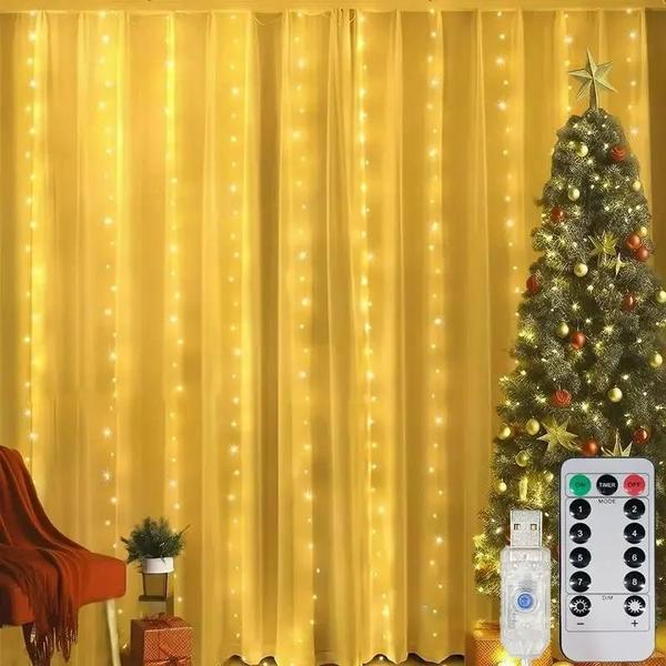 Imagem de Cortina de Luzes LED USB com Controle Remoto - 8 Modos - Ideal para Festas e Decoração de Natal