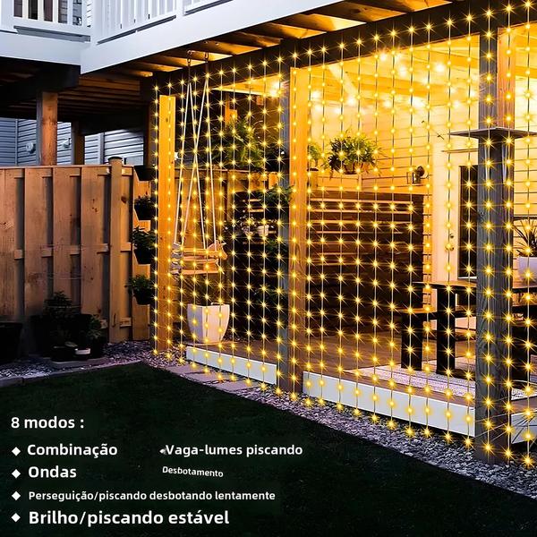 Imagem de Cortina de Luzes Solares LED à Prova D'Água - 300 LEDs, 8 Modos - Ideal para Jardim