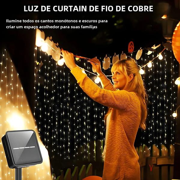 Imagem de Cortina de Luzes Solares LED à Prova D'Água - 300 LEDs, 8 Modos - Ideal para Jardim