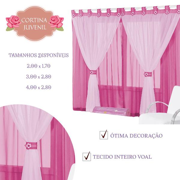 Imagem de Cortina de voal 3,00 x 2,80 m p/ quarto de menina ou bebê na cor pink / rosa juvenil