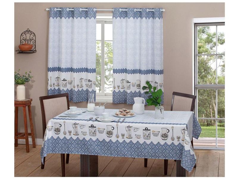 Cortina para Cozinha Sultan Branco e Azul - Casa Alegre Lurdes 140x200cm com Toalha de Mes... Cortina para Cozinha Sultan Branco e Azul - Casa Alegre Lurdes 140x200cm com Toalha de Mes...