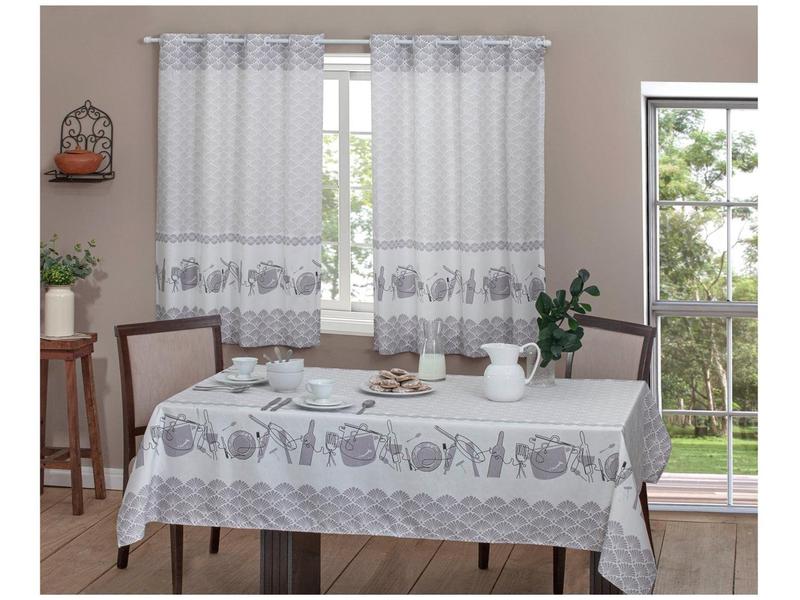 Cortina para Cozinha Sultan Branco e Cinza - Casa Alegre Cora 140x200cm com Toalha de Mesa Cortina para Cozinha Sultan Branco e Cinza - Casa Alegre Cora 140x200cm com Toalha de Mesa