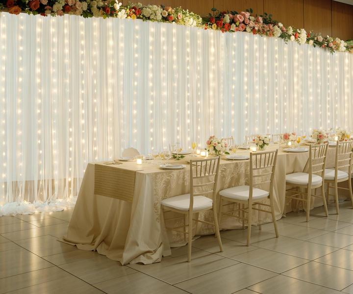 Imagem de Cortinas de fundo Suppromo Ivory Tulle com luzes 6x2,4m